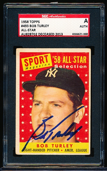 Autographed 1958 Topps Baseball- # 493 Bob Turley All Star- SGC Certified & Encapsulated