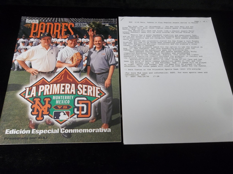 August 16-18, 1996 N.Y. Mets vs. S.D. Padres Program in Monterrey Mexico with Press Notes- Unscored