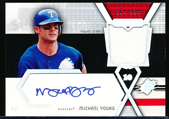 2004 SPx Baseball- “Swatch Supremacy Signatures”- #SS-MY Michael Young, Rangers- #284/999