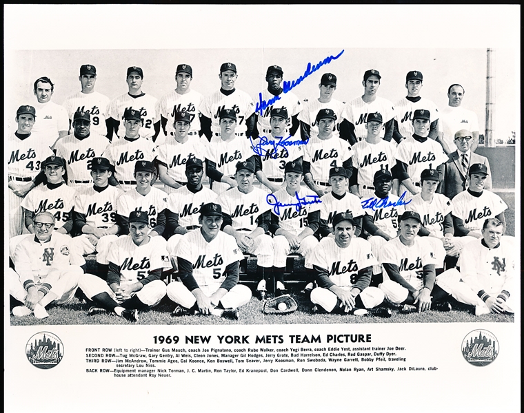 Autographed 1969 New York Mets B & W Glossy 10” x 8” Team Picture- 4 Signatures