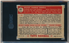 1952 Topps Baseball- #311 Mickey Mantle, Yankees- SGC Vg 3 – Wow!