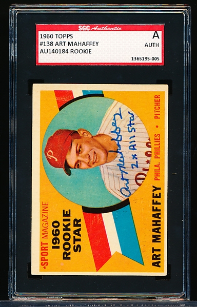 Autographed 1960 Topps Baseball- #138 Art Mahaffey, Phillies Rookie!- SGC Certified & Encapsulated