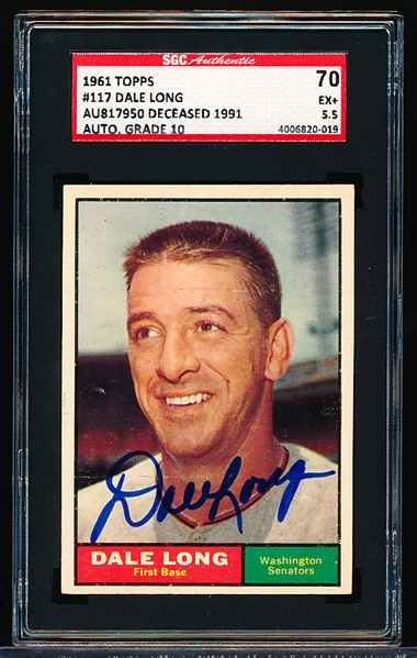 Autographed 1961 Topps Baseball- #117 Dale Long, Washington- SGC Certified (Auto Grade 10) & Encapsulated
