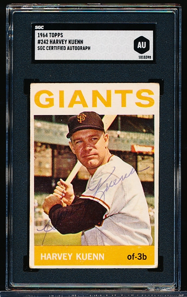 Autographed 1964 Topps Baseball- #242 Harvey Kuenn, Giants- SGC Certified & Encapsulated