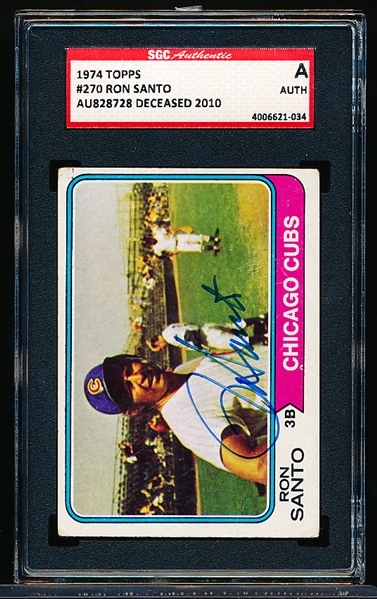 Autographed 1974 Topps Baseball- #270 Ron Santo, Cubs- SGC Certified & Encapsulated