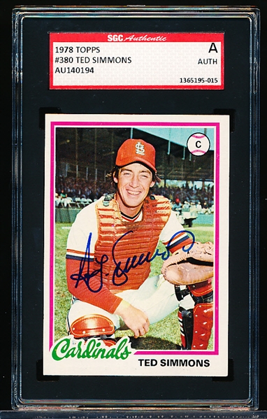 Autographed 1978 Topps Baseball- #380 Ted Simmons, Cardinals- SGC Certified & Encapsulated