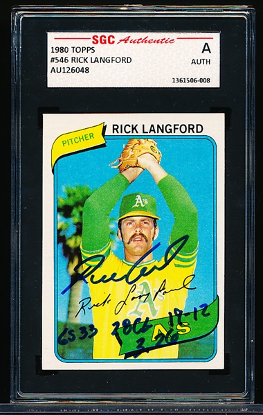 Autographed 1980 Topps Baseball- #546 Rick Langford, A’s- SGC Certified & Encapsulated
