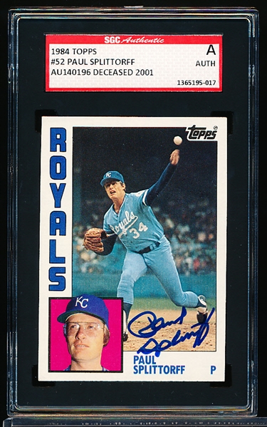 Autographed 1984 Topps Baseball- #52 Paul Splittorff, Royals- SGC Certified & Encapsulated