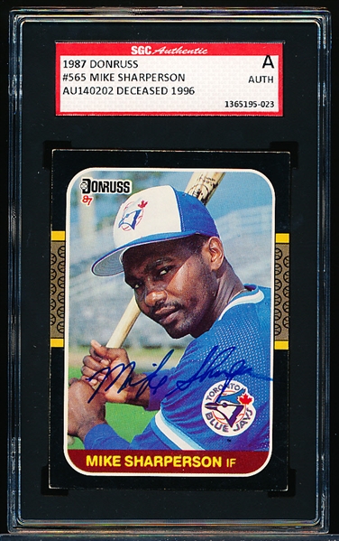 Autographed 1987 Donruss Baseball- #565 Mike Sharperson, Blue Jays- SGC Certified & Encapsulated