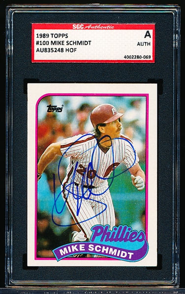 Autographed 1989 Topps Baseball- #100 Mike Schmidt, Phillies- SGC Certified & Encapsulated