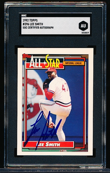 Autographed 1992 Topps Baseball- #396 Lee Smith All Star, Cardinals- SGC Certified & Encapsulated