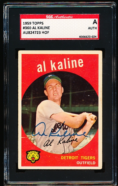 Autographed 1959 Topps Baseball- #360 Al Kaline, Tigers - SGC Certified and Encapsulated