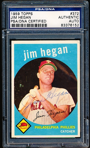 Autographed 1959 Topps Baseball- #372 Jim Hegan. Phillies- PSA/DNA Certified and Encapsulated