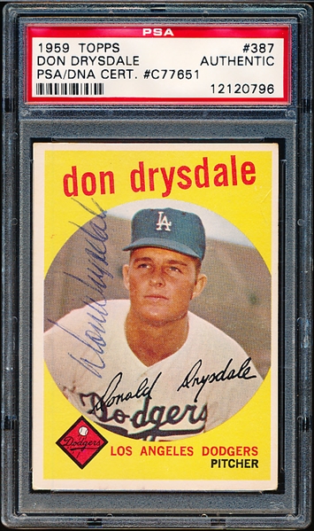 Autographed 1959 Topps Baseball- #387 Don Drysdale, Dodgers- PSA/ DNA Certified & Encapsulated