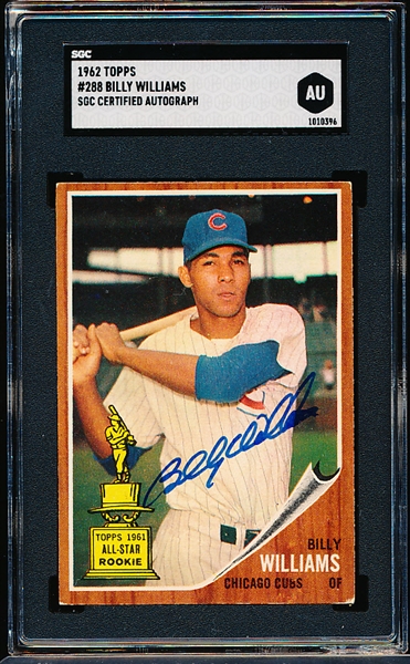 Autographed 1962 Topps Baseball- #288 Billy Williams, Cubs- SGC Certified & Encapsulated