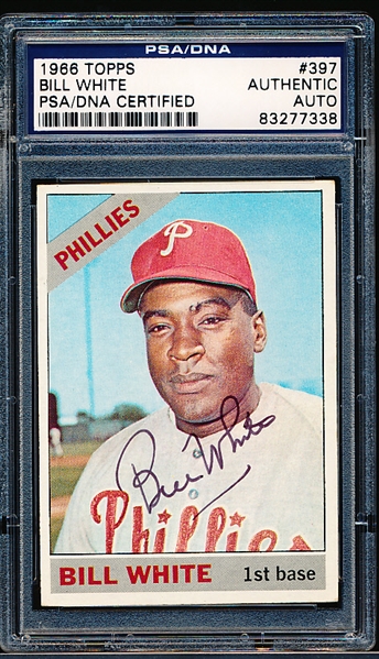 Autographed 1966 Topps Baseball- #397 Bill White, Phillies- PSA/ DNA Certified & Encapsulated