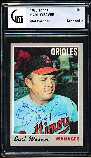 Autographed 1970 Topps Baseball- #148 Earl Weaver, Orioles- GAI Certified & Encapsulated