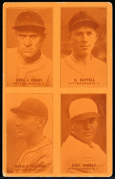 1929/30 “4 in 1” Baseball Exhibit with Postcard Back- Peach/ Orange Color- Pittsburgh NL- Earl Adams, R. Bartell, Harold Traynor, Earl Sheely