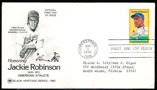 Aug 2, 1982 Cooperstown NY First Day Cover- Jackie Robinson (Black Heritage Series)