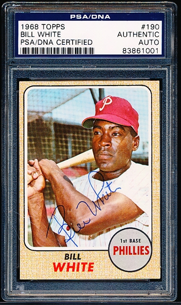 Autographed 1968 Topps Baseball- #190 Bill White, Phillies- PSA/DNA Certified & Encapsulated