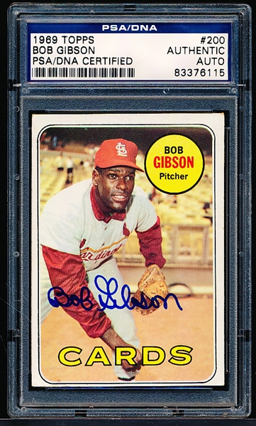 Autographed 1969 Topps Baseball- #200 Bob Gibson, Cards- PSA/DNA Certified & Encapsulated