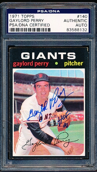 Autographed 1971 Topps Baseball- #140 Gaylord Perry, Giants- PSA/DNA Certified & Encapsulated