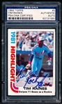 Autographed 1982 Topps Baseball- #3 Tim Raines HL- PSA/DNA Certified & Encapsulated