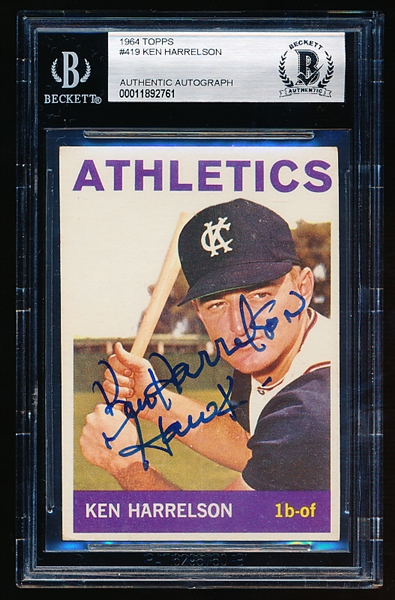 Autographed 1964 Topps Baseball- #419 Ken Harrelson, Athletics- Beckett Certified & Encapsulated