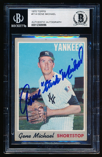 Autographed 1970 Topps Bb- #114 Gene Michael, Yankees- Beckett Certified & Encapsulated