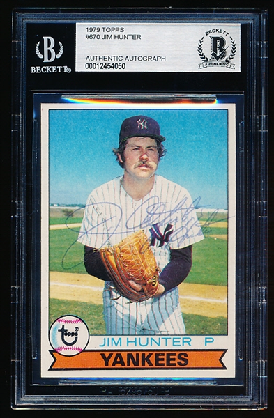 Autographed 1979 Topps Bb- #670 Jim Hunter, Yankees- Beckett Certified & Encapsulated