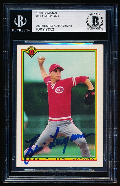 Autographed 1990 Bowman Bb- #41 Tim Layana, Reds- Beckett Certified & Encapsulated