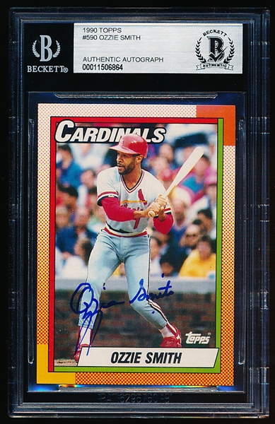 Autographed 1990 Topps Bb- #590 Ozzie Smith, Cardinals- Beckett Certified & Encapsulated