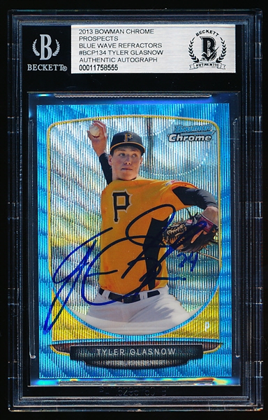 Autographed 2013 Bowman Chrome Prospects Bb “Blue Wave Refractors”- #BCP Tyler Glasnow, Pirates- Beckett Certified & Encapsulated