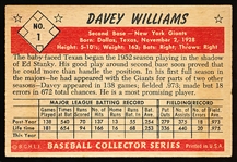 1953 Bowman Bb Color- #1 Davey Williams, Giants- Vg+ no creases