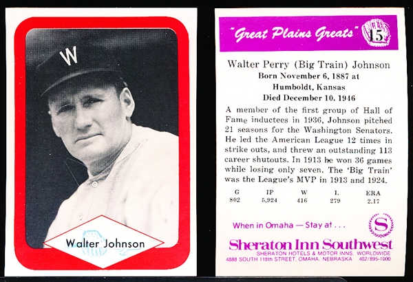 1975/76 Great Plains Greats- #15 Walter Johnson- 30 Cards