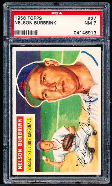 1956 Topps Baseball- #27 Nelson Burbrink, Cardinals- PSA NM 7- Gray Back