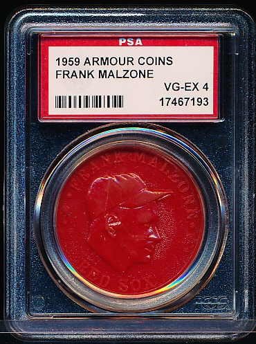 1959 Armour Baseball Coin- Frank Malzone, Red Sox- Red Coin- PSA Vg-Ex 4 