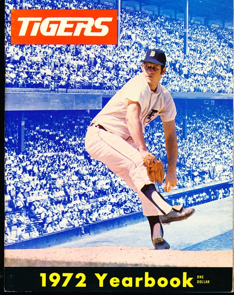 1972 Detroit Tigers MLB Yearbook- Mickey Lolich in action on cover.