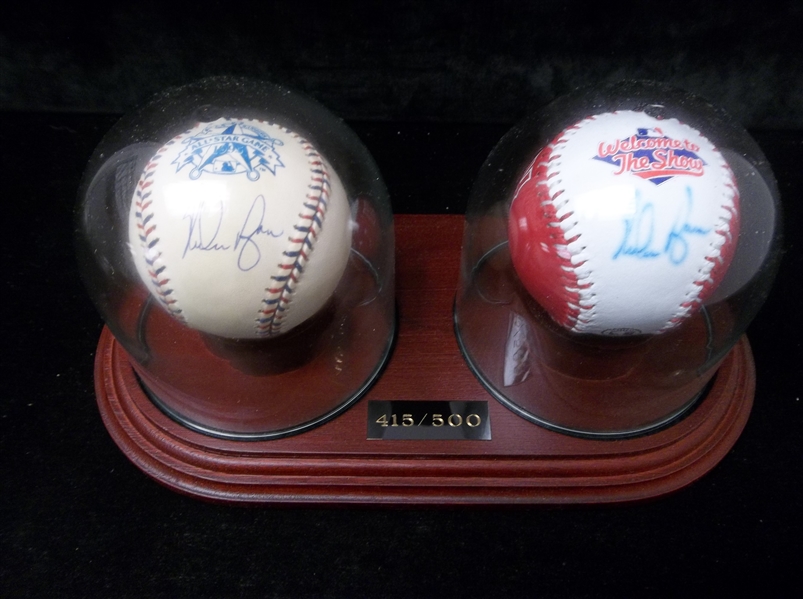 Autographed Nolan Ryan 1995 Rawlings Official All-Star Game Ball with Rangers FotoBall All-Star Game in Special Wood-Based Dual Globe Holder- #415/500