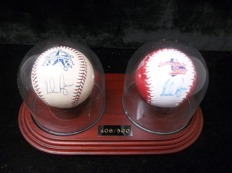 Autographed Nolan Ryan 1995 Rawlings Official All-Star Game Ball with Rangers FotoBall All-Star Game in Special Wood-Based Dual Globe Holder- #408/500