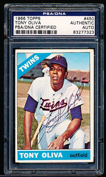 Autographed 1966 Topps Baseball- #450 Tony Oliva, Twins- PSA/DNA Certified & Encapsulated