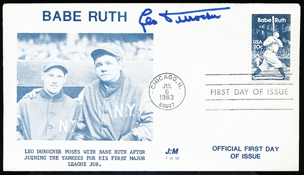Autographed July 6, 1983 J:M Babe Ruth 1st Day of Issue Cachet- Signed by Leo Durocher