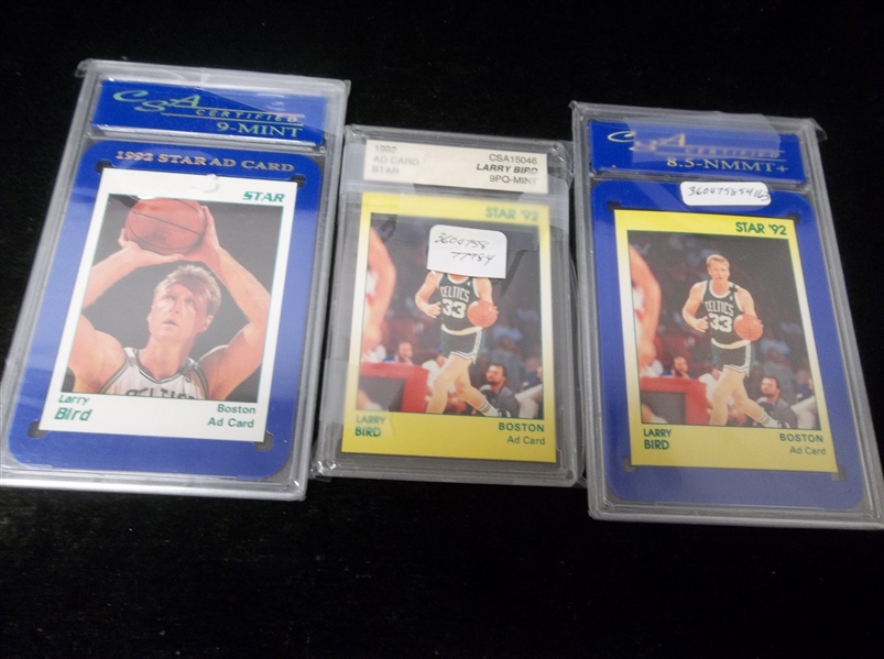 1992 Star Company Bsbkl. “Ad Card”- 3 Asst. Graded Larry Bird- All CSA Graded