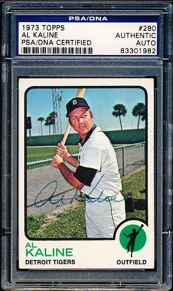 Autographed 1973 Topps Baseball- #280 Al Kaline, Tigers- PSA/ DNA Certified & Encapsulated
