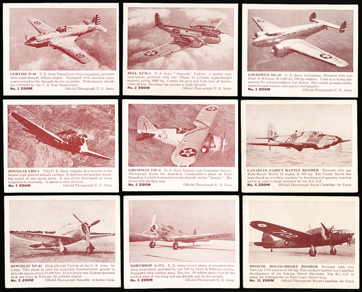 1940 Gum Productions “Zoom” Aircraft Complete Series #1 (R177-1) Set of 75 Cards