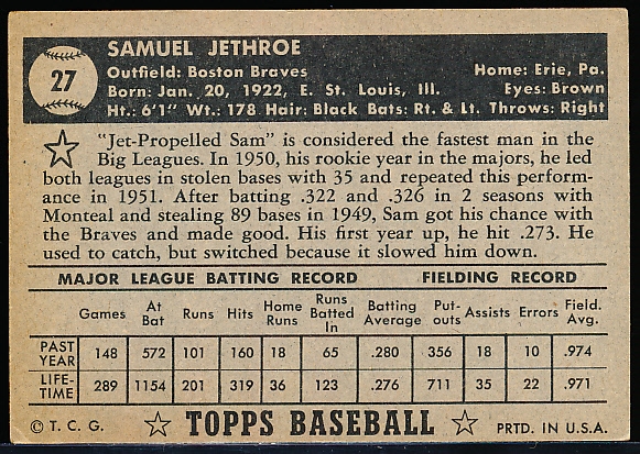1952 Topps Baseball- #27 Sam Jethroe, Boston Braves- Black Back