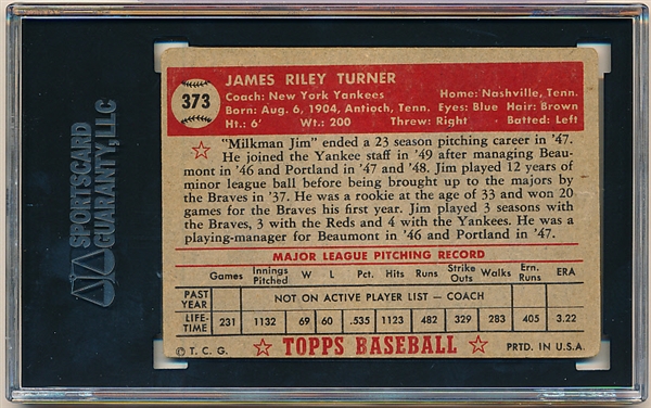 1952 Topps Baseball- #373 Jim Turner, Yankees- SGC 20 (Fair 1.5)- Hi#