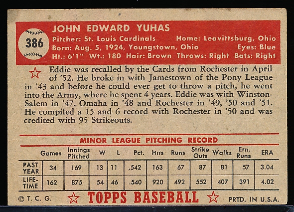 1952 Topps Baseball- #386 Eddie Yuhas, Cardinals- Hi#
