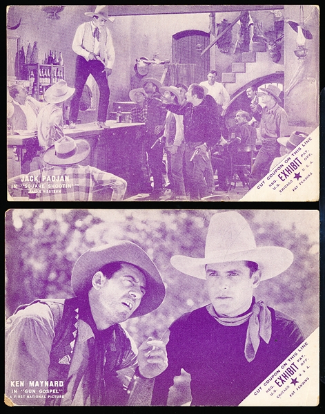 1920’s/30’s Western Cowboy Actor Exhibit Cards- 4 Diff- Purplish Tint- with Exhibit Coupon Front- Blank back