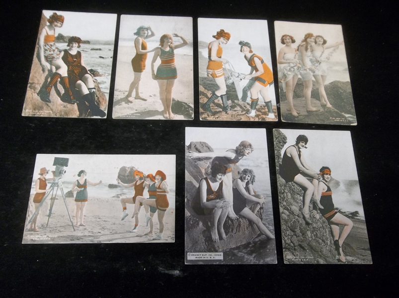 1921-’25 Exhibit Supply Co. “Beach Scenes” Colortone Blank-Backed Exhibit Cards- 7 Diff. All With Multiple Women